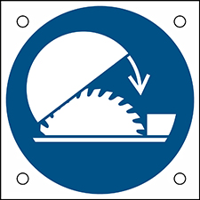 Знак безопасности ISO — используйте регулируемый защитный кожух настольной пилы