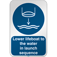Знак безопасности ISO - Опускание спасательной шлюпки на воду в последовательности спуска