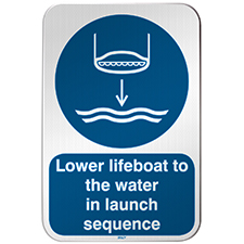 Знак безопасности ISO - Опускание спасательной шлюпки на воду в последовательности спуска