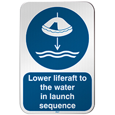 Знак безопасности ISO - Опускание спасательного плота на воду в последовательности спуска